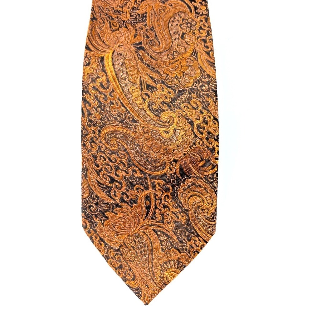 Daniel Ellissa Mens Paisley Necktie Copper Orange Black Metallic Woven Jacquard